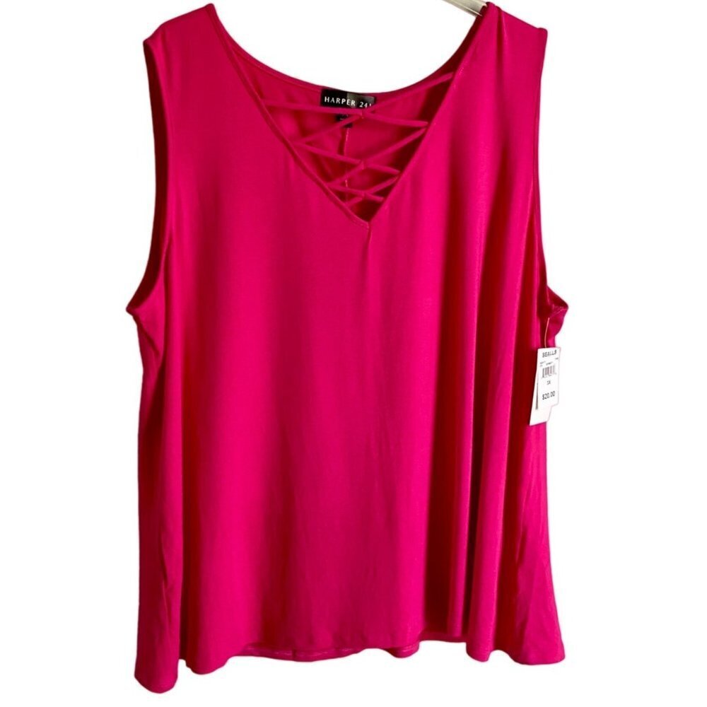 Harper 241 Criss Cross Front Detail Sleeveless Top in Hot Pink Women's 3X
